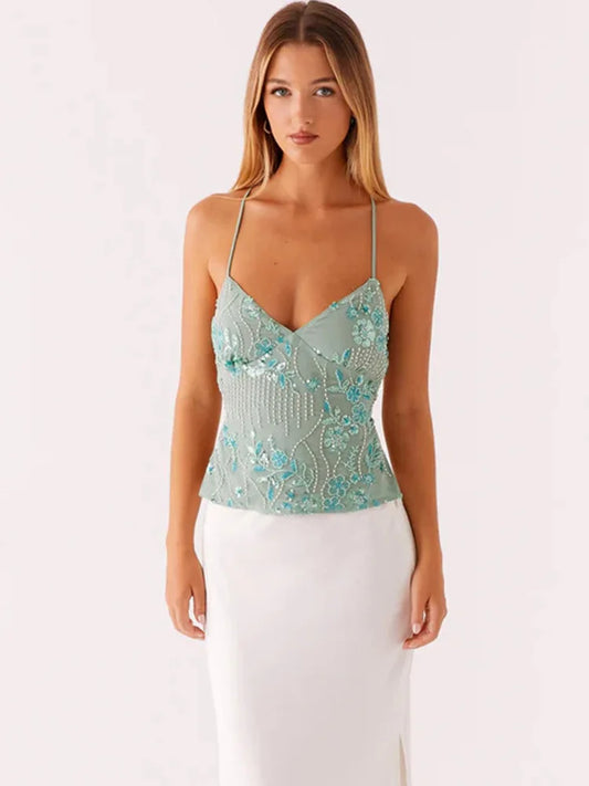 Trendix Sexy Deep V Neck Beach Tank Top Hot Girls 2025 Summer Sequins Patchwork Sleeveless Vest Women Vacation Sexy Backless Top