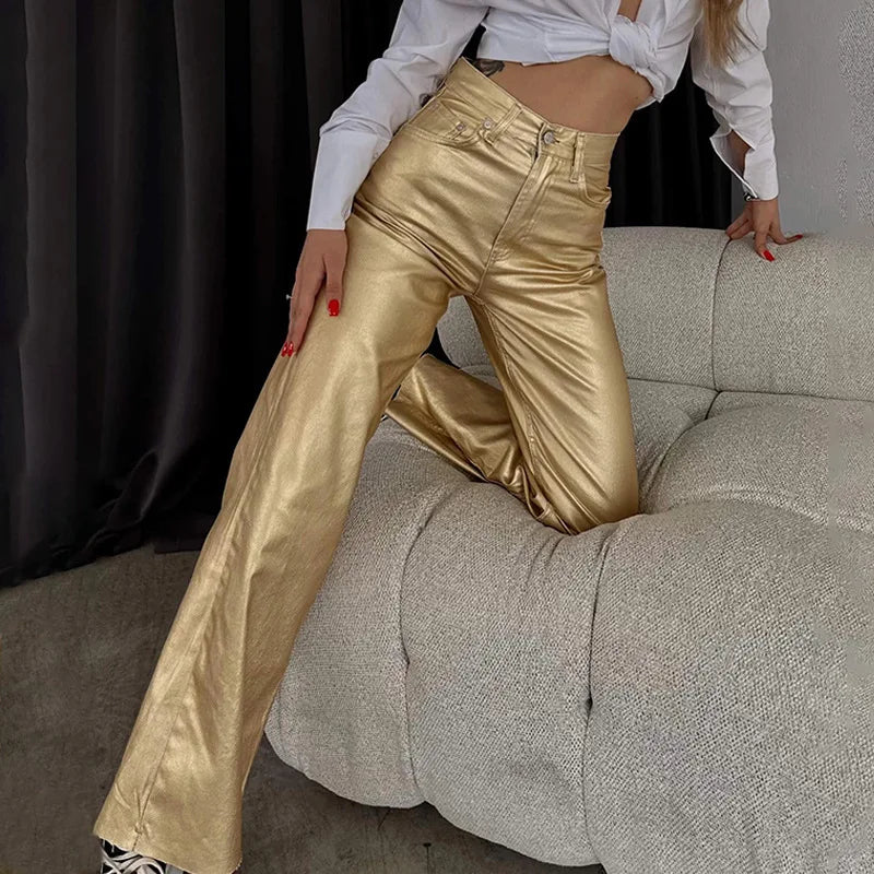 Women's Shiny Metallic Holographic Straight Wide-Leg Long Pants 2024 Spring Gold Silver Trousers Clubwear with Pockets
