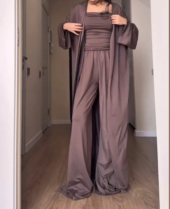 Three-Piece Suit New Casual Strapless Vest Long Cardigan Wide Leg Pants Three Piece Set Simple Casual and Elegant Pants Set