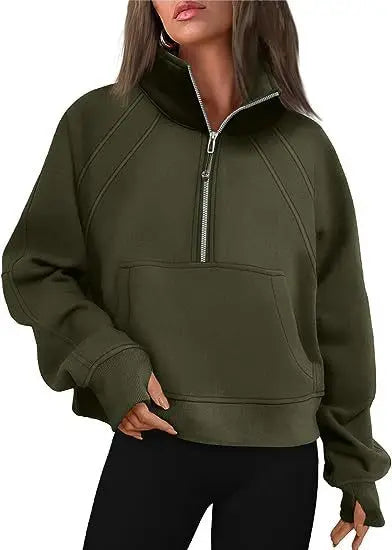 Stand Collar Casual Sweatshirts Half Zip Women Cropped Pullover Thumb Hole Overzised Hoodie Solid Color Plus Size Sports Outfit