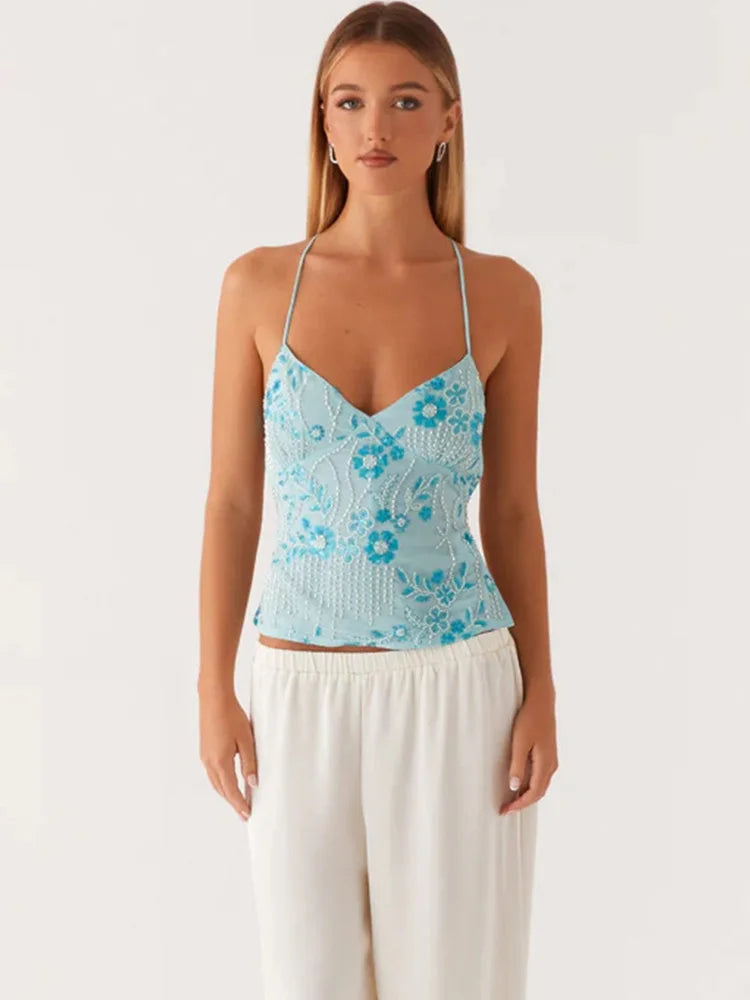 Trendix Sexy Deep V Neck Beach Tank Top Hot Girls 2025 Summer Sequins Patchwork Sleeveless Vest Women Vacation Sexy Backless Top