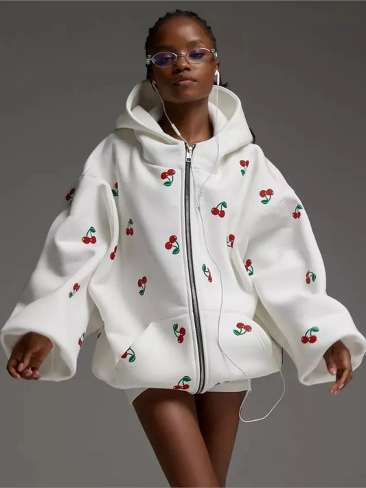 Women's Cherry Printed Sweatshirt Jacket 2025 Autumn Street Style Fashion Trendy Brand Loose Versatile Sports Hoodie Female New
