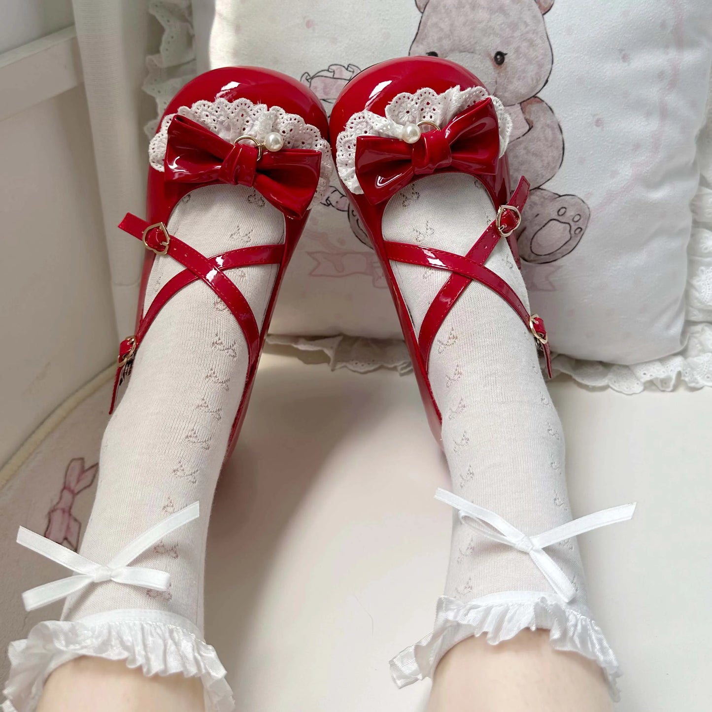 Original Soft Girls Lolita Kawaii Pink Mary Jane Shoes Autumn New Sweet Girl Cute Bow Flats Shoes Lo Tea Party Low Heel Pumps