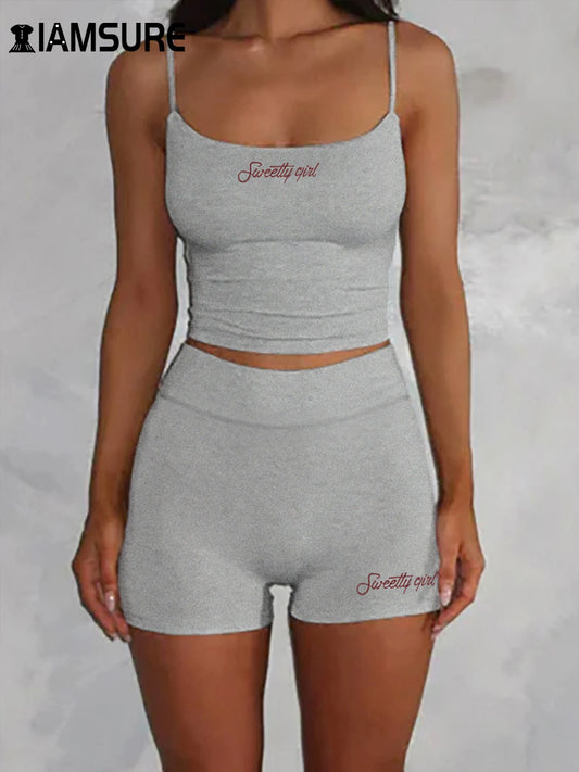 IAMSURE Basic Solid Shorts Sets Women 2025 Summer Casual Slim 2 Piece Set Sleeveless Slash Neck Camis Top Mid-Waisted Shorts