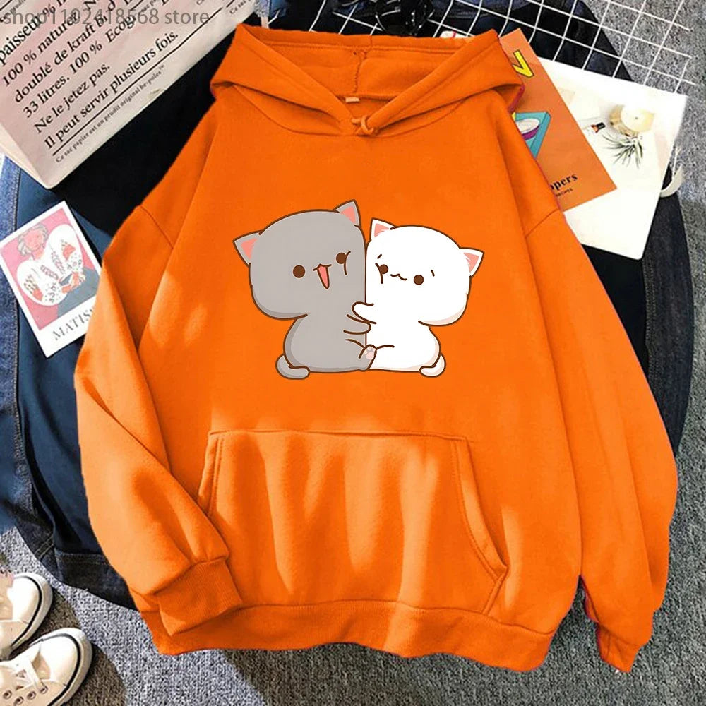 Kawaii Cat Hoodie Peach Funny Cute Sweatshirts Cartoon Print Clothing Women Aesthetic Spring Winter Pink Top Girls Hooded Female