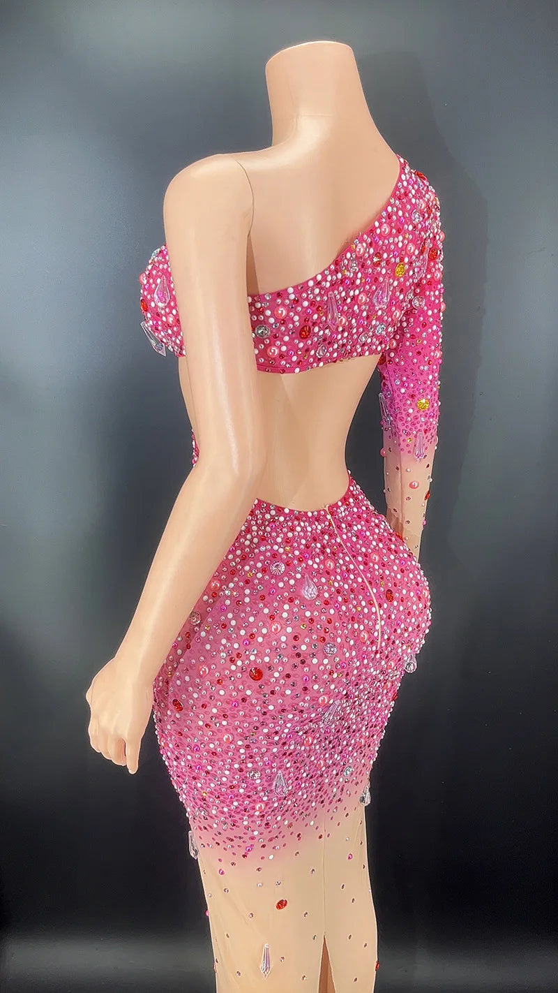 Rhinestone Pearl Cut Evening Dress Classic Birthday Skinny Elegant Performance Vestidos Elegantes Mujer Knie Lange Party Kleider