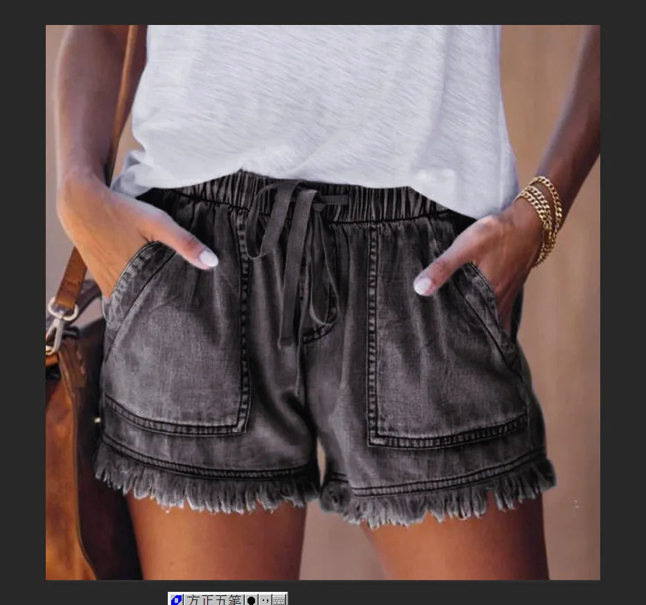 Jean Shorts for Women's Drawstring Elastic Waisted Casual Denim Shorts with Pocket Tassel Hem Soft Summer Trendy Loose Jeans