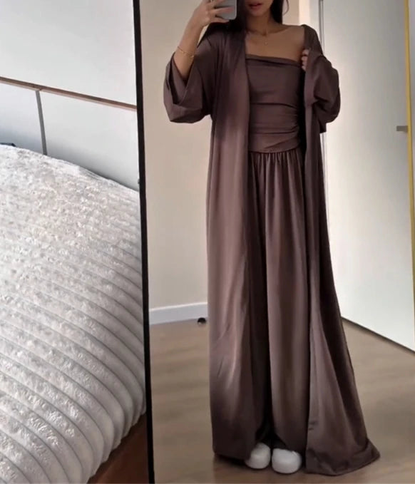 Three-Piece Suit New Casual Strapless Vest Long Cardigan Wide Leg Pants Three Piece Set Simple Casual and Elegant Pants Set