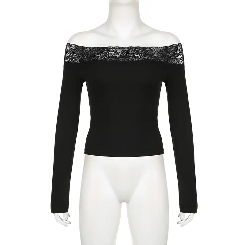 CIBBAR Black Lace Stitched Slash Neck Crop Top Elegant Sexy Skinny Long Sleeve T Shirts for Women Harajuku Y2k Spring Tees Basic