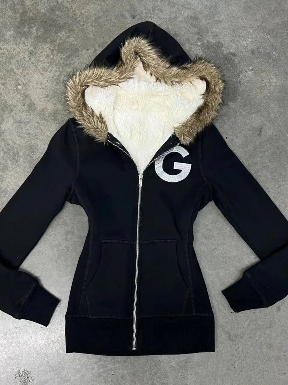 Vintage Letter Fur Collar Hooded Sweatshirt Autumn Winter Zipper Y2K Retro Fleece Jacket Harajuku Embroidery Plush Dark Fashion