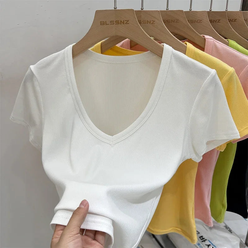 2025 Female Y2K Tops Clothes Summer Sexy Basic Crop Top Women Ribbed Short Sleeve T-shirts Casual V-Neck Solid Slim Fit Tee