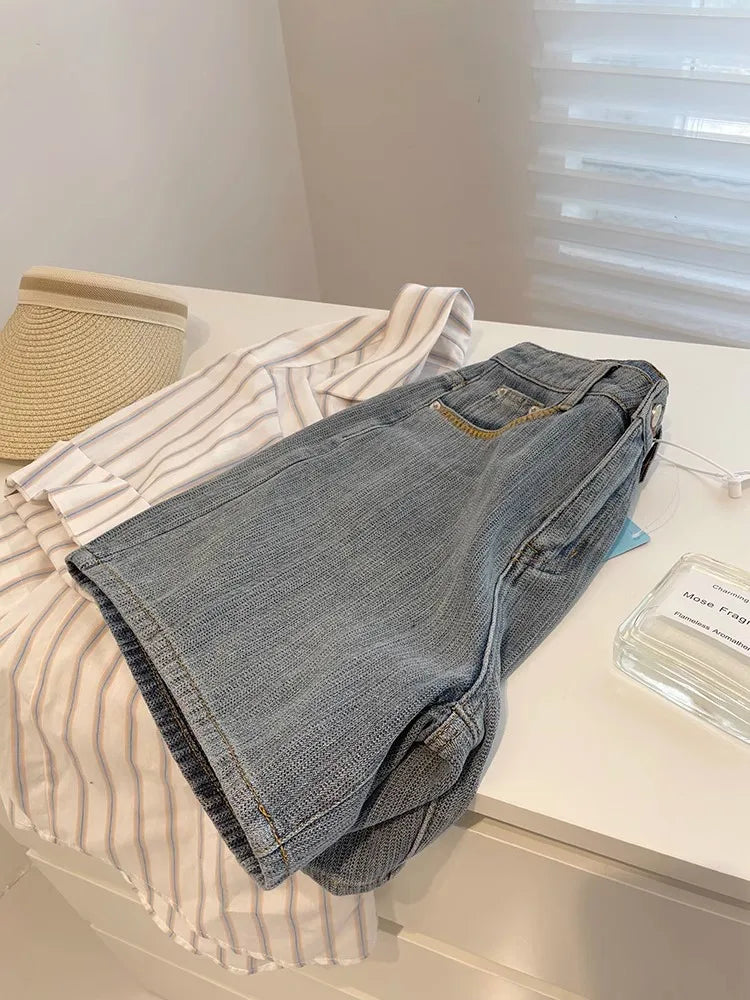 Summer Women Denim Shorts High Waisted Zipper Embroidered Retro Blue shorts American Casual Fashion Female Knee Length Jeans