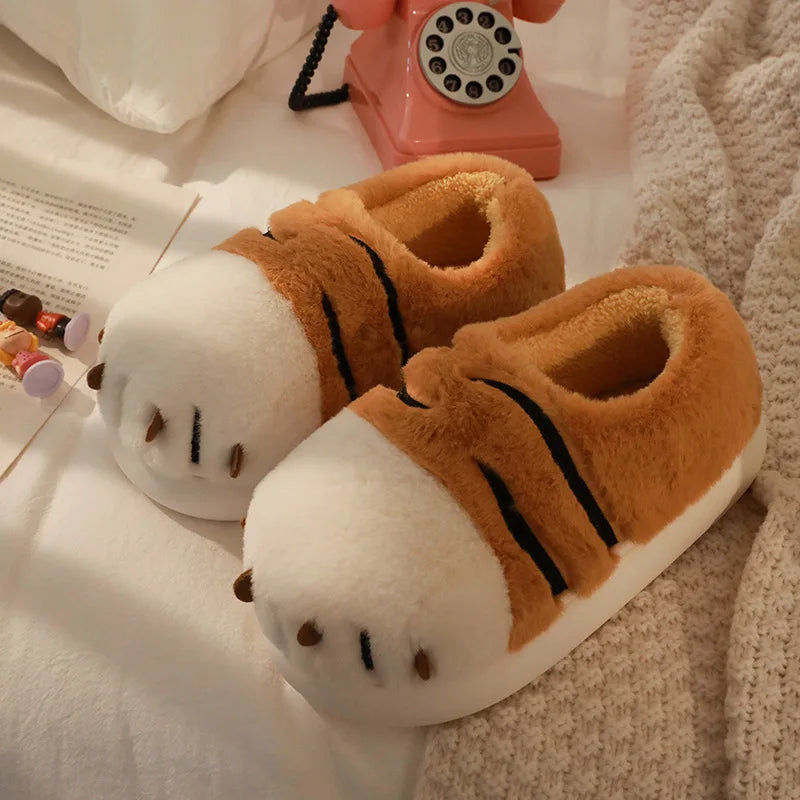 2025 Cartoon Tiger Paw Slipper Winter Indoor Warm Fur Shoes Slides Cute Animals Plush Platform Design Claw Ladies Home Slippers