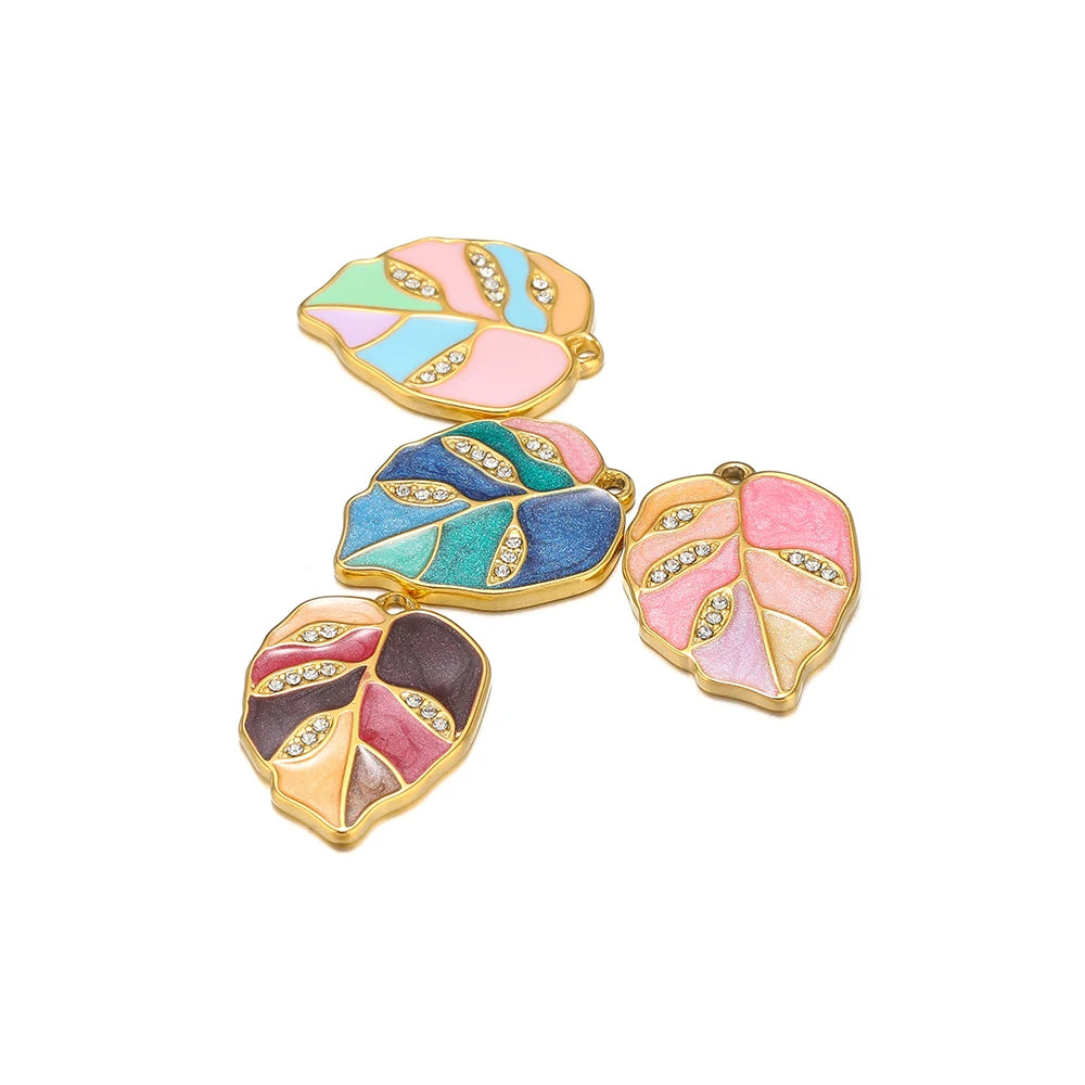 5Pcs Enamel Leaf Charms Stainless Steel Pastoral Style Pendants for Exquisite Jewelry Making DIY Earrings Necklaces Accessories