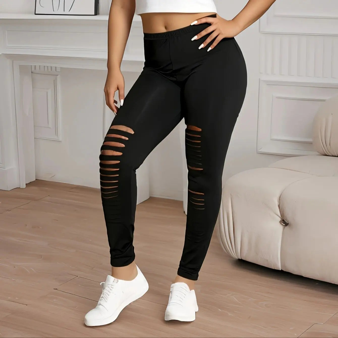 New Fashion Black Irregular Ripped Leggings Black High Stretch Tights Personality Solid Color Nine-point Pants Plus Size Women
