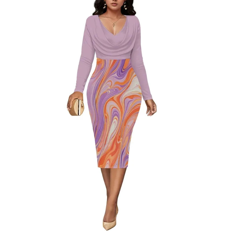 Womens Midi Dresses Church Dresses Long Sleeve Bodycon Cowl Neck Pencil Dress