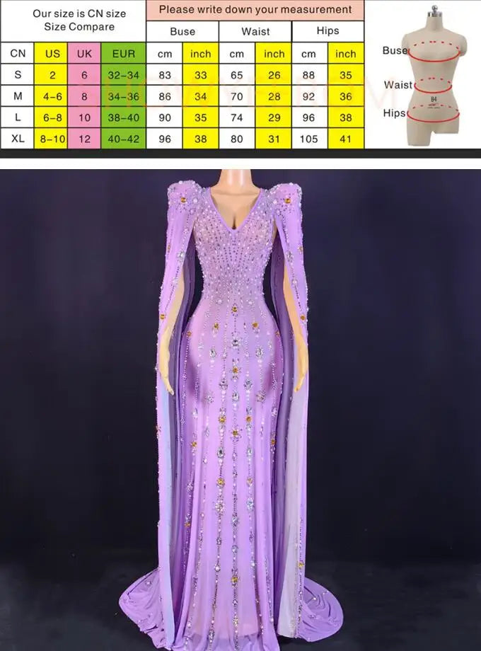 Purple Birthday Costume Diamond Performance Costume New Long Sleeve Shiny Diamond Purple Sexy Mopping Floor Noble Dress Women