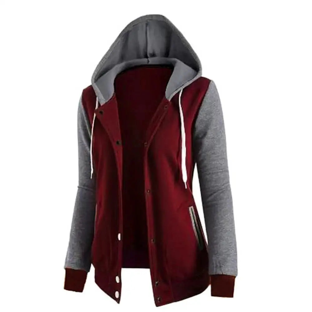 Drawstring Women Jacket Fall Winter Color Block Sports Hoodie Jacket Button Hooded Long Sleeve Hoodies Jogging Women Sweatshirts