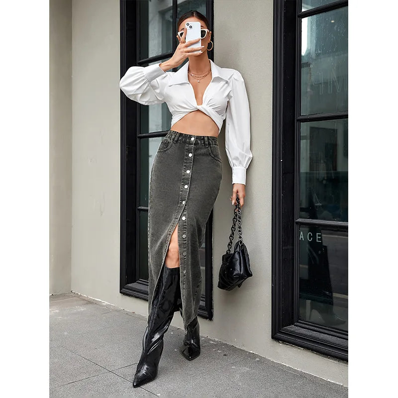 European and American Retro Trend Buckle Design Denim Skirt. New Fashion High-waisted Long Skirt for Women in Spring and Summe