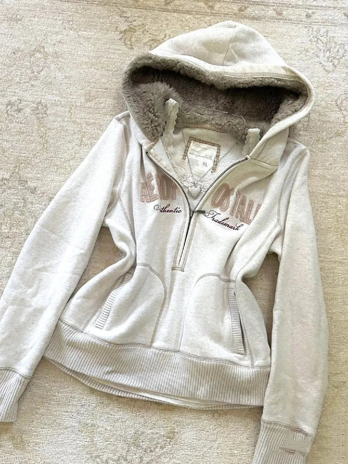 Vintage Letter Fur Collar Hooded Sweatshirt Autumn Winter Zipper Y2K Retro Fleece Jacket Harajuku Embroidery Plush Dark Fashion