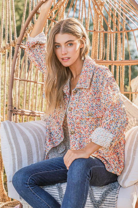 Casual Chic Multicolor Twill Long Sleeve Button-Down Shacket