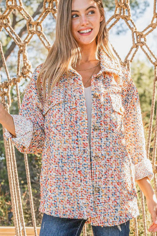 Casual Chic Multicolor Twill Long Sleeve Button-Down Shacket