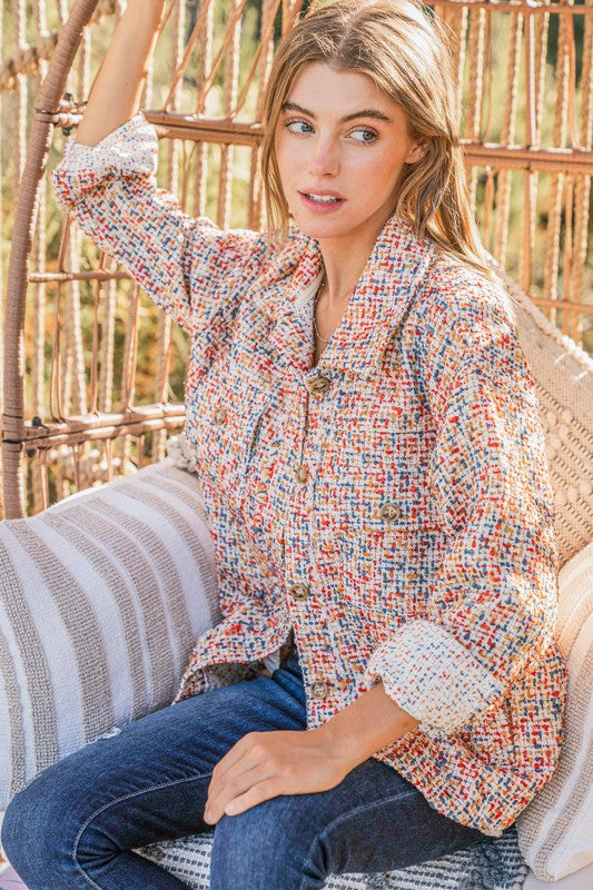 Casual Chic Multicolor Twill Long Sleeve Button-Down Shacket