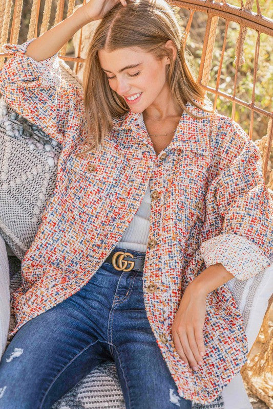 Casual Chic Multicolor Twill Long Sleeve Button-Down Shacket