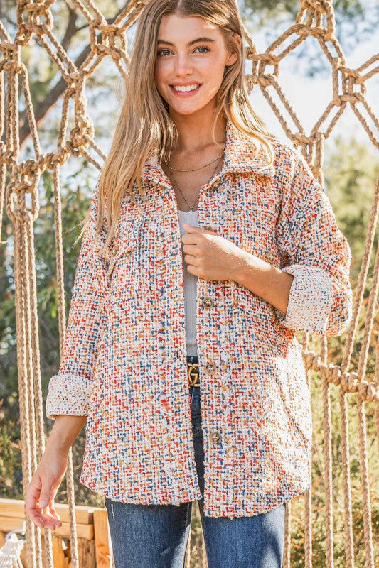 Casual Chic Multicolor Twill Long Sleeve Button-Down Shacket