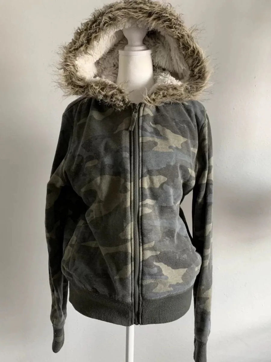 Vintage Letter Fur Collar Hooded Sweatshirt Autumn Winter Zipper Y2K Retro Fleece Jacket Harajuku Embroidery Plush Dark Fashion