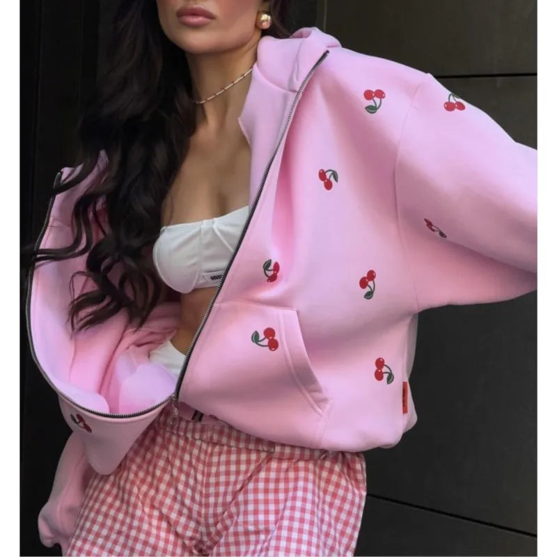 Women's Cherry Printed Sweatshirt Jacket 2025 Autumn Street Style Fashion Trendy Brand Loose Versatile Sports Hoodie Female New