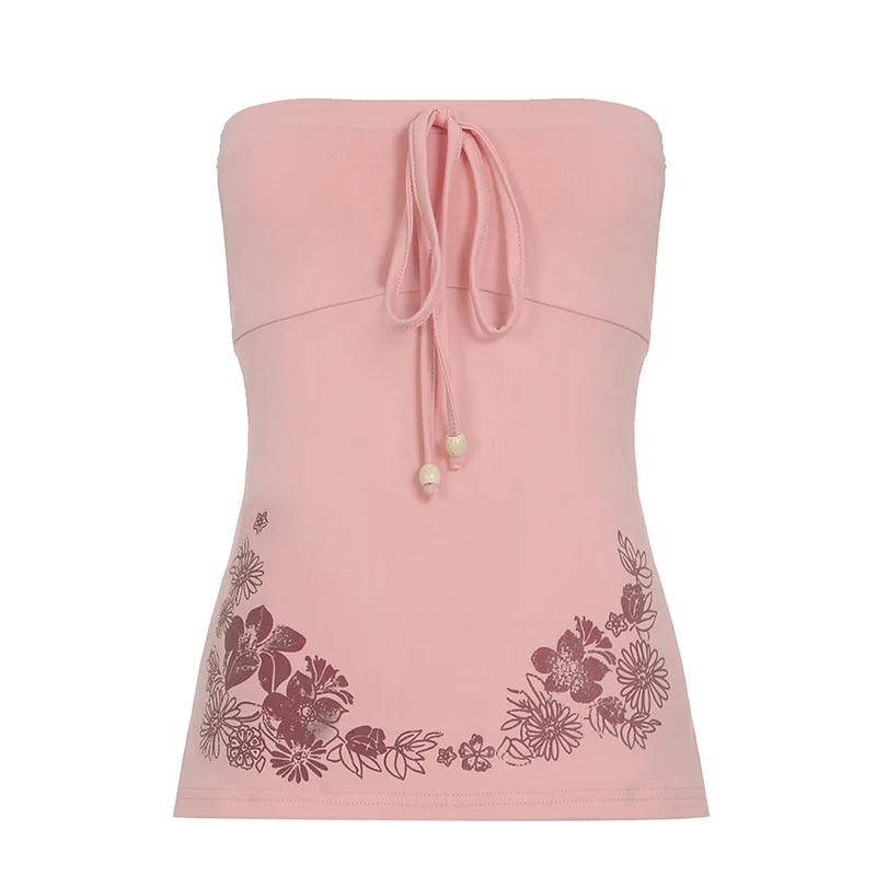 Causal Holiday Style Women Straps Tops Backless Bow Lace Up Slim Flower Prints Fashion Trendy Blouses