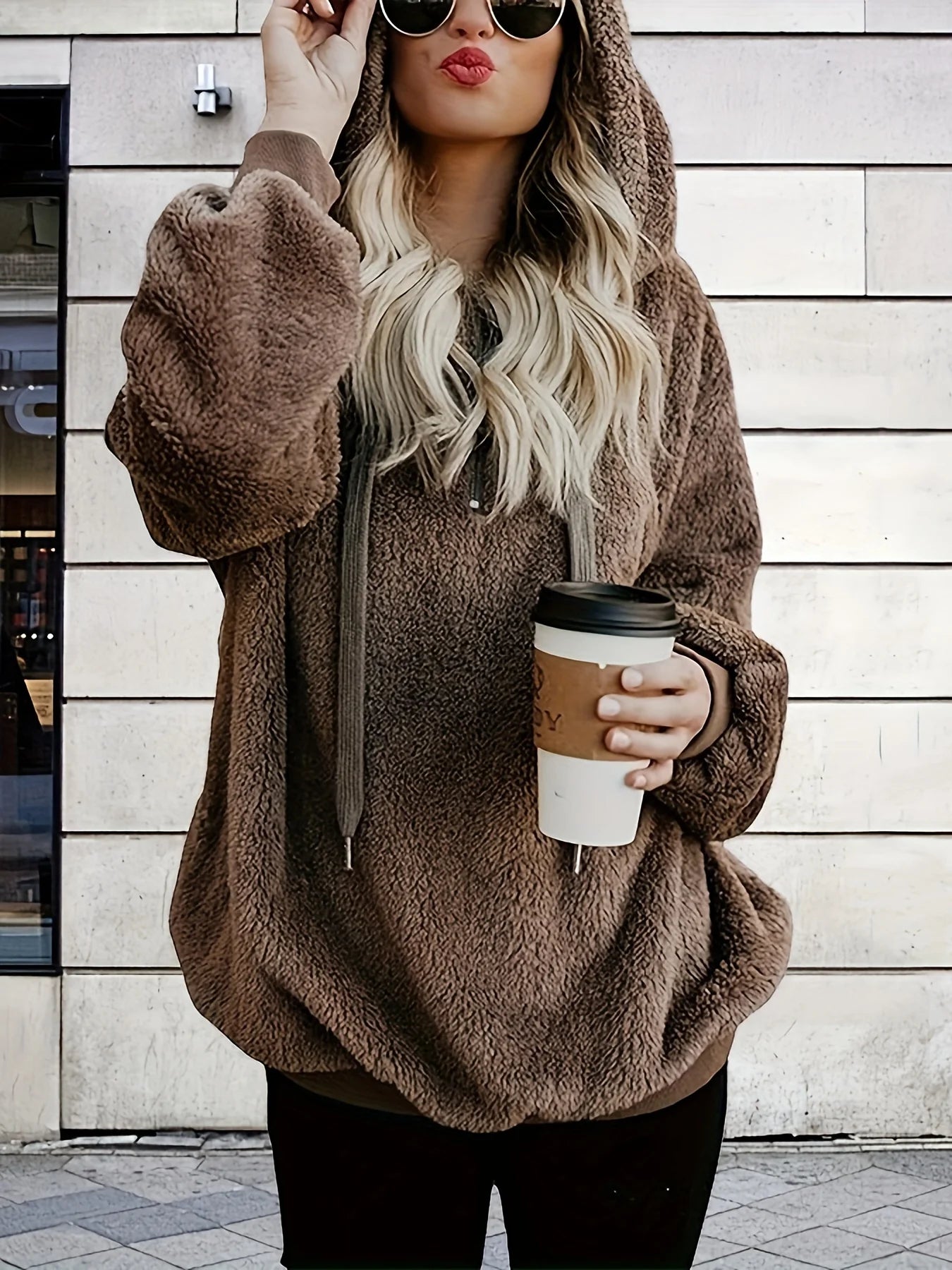 Plus Size Best Selling Plush Oversized Hooded Sweatshirt Half Open Front Women's Casual Drawstring Clothing Large Sizes