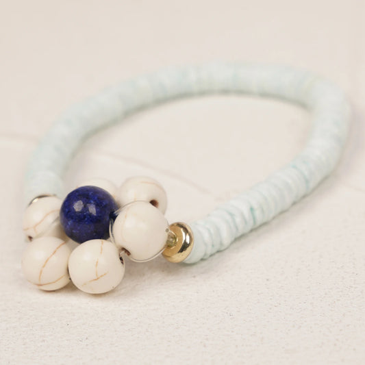Hand Beaded Elastic Semi-Precious Synthetic Stone with Shell Bracelet  (7-011)