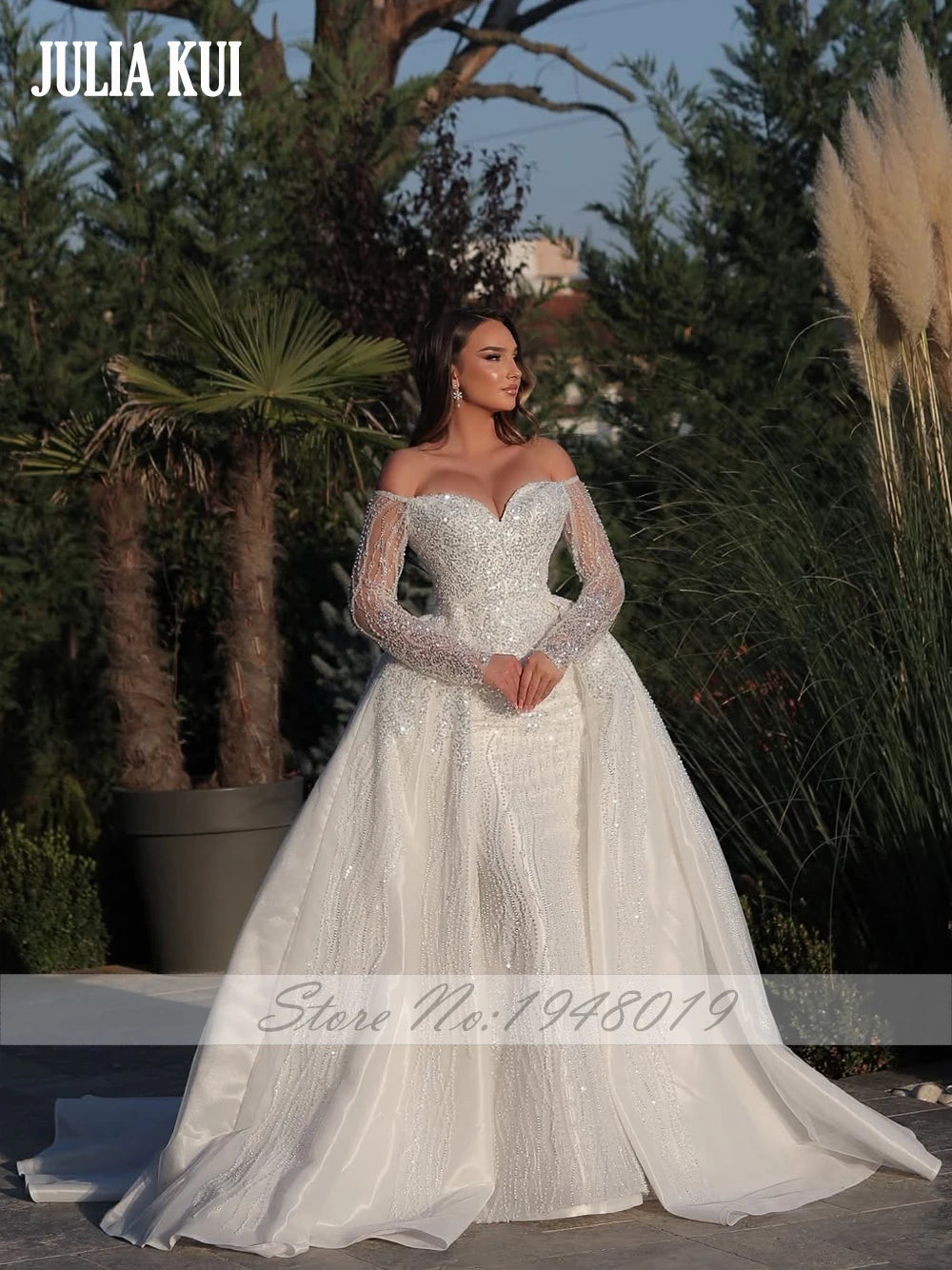 Julia Kui Custom Made Sweetheart 2 In 1 Mermaid Wedding Dress Off Shoulder full sleeves Shiny Beading Appliques Bridal Gowns