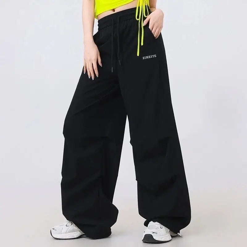 Fashion Printed Letter Spliced Pockets Casual Pants Female Clothing 2025 Spring Summer New Loose Elastic High Waist Cargo Pants