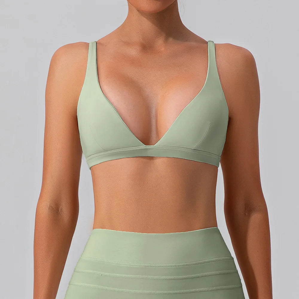 High Strength Nude V-neck Bra, Shock-absorbing and Tight Fitting Sports Bra, Pilates Running and Fitness Vest for Women