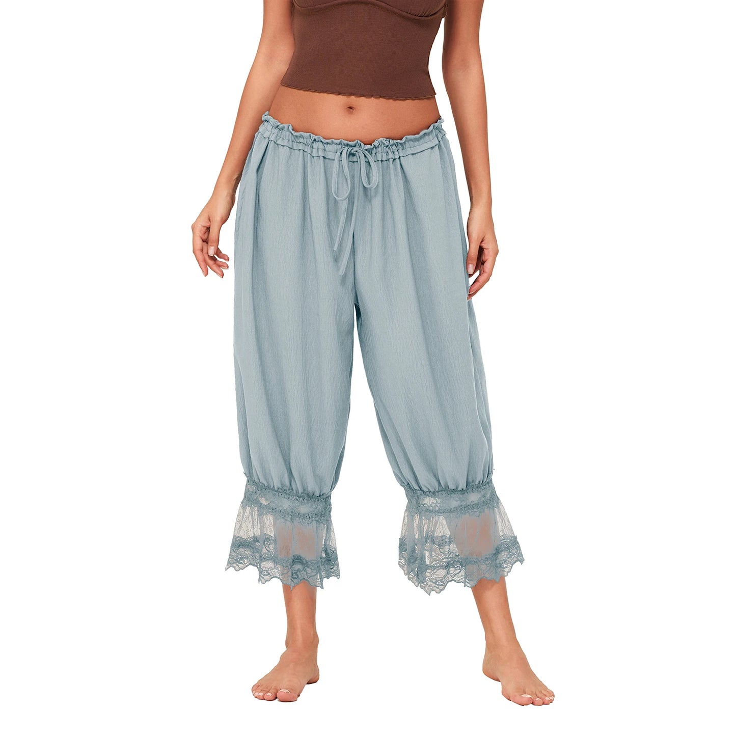 Womens Y2K Vintage Drawstring Cropped Pants Loose Fit Mid Rise Patchwork Lace Casual Lantern Bubble Pants Trousers Streetwear