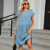 Summer Fashion Solid-color Pullover Round-neck Loose Casual Short-sleeved Patchwork Denim Dress for European and American Women