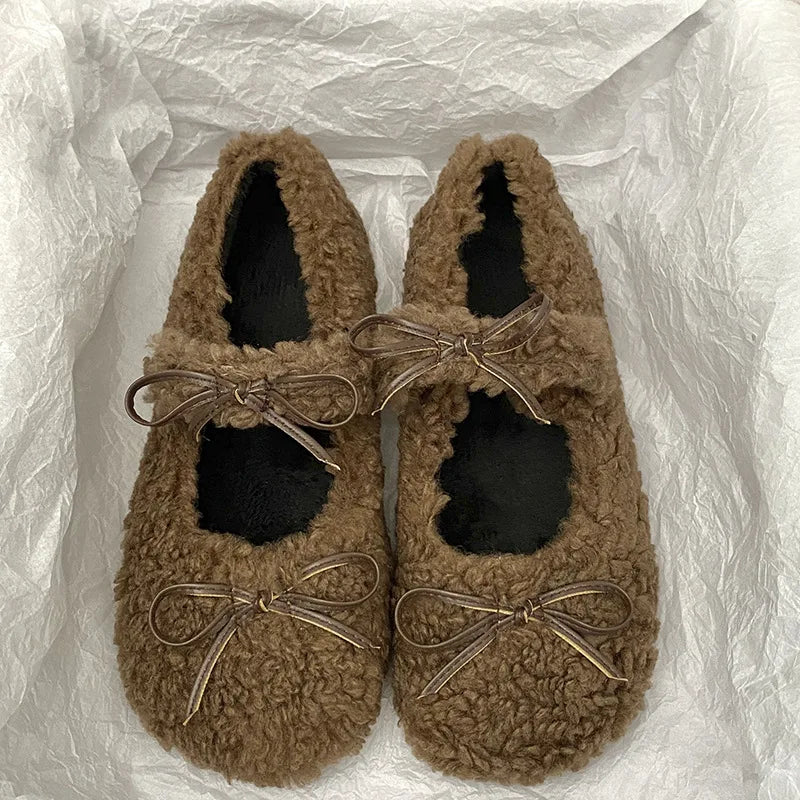 Autumn Winter Short Plush Low Heel Pumps Women's Fur Cozy Round Toe Loafers Sweet Comfortable Outwear Ballet Flats Size 35 40
