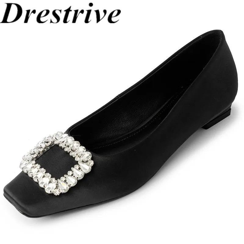 Drestrive 2025 Elegant Women's Pumps Cow Leather Crystal Knot Square Toe Thick Low Heels Handmade Summer Shoes