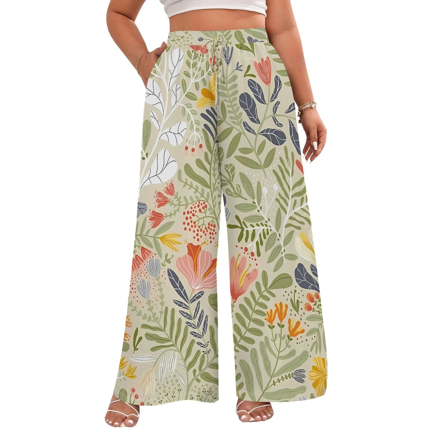 Nupusa Tropical Leaf Print Wide Leg Pants for Women Standard Size Summer Casual Drawstring Waist Trousers