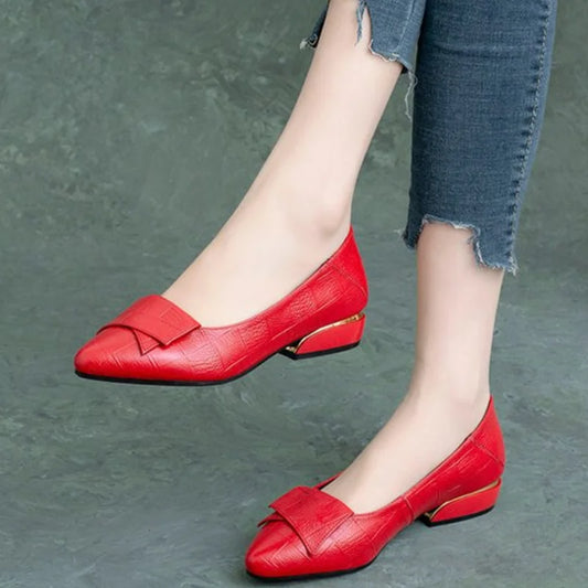 2025 New Summer Women's Flat Shoes Soft Leather Work Shoes Pointed Thick Heel Casual Womens Shoe Handmade Footwear Buty Damskie