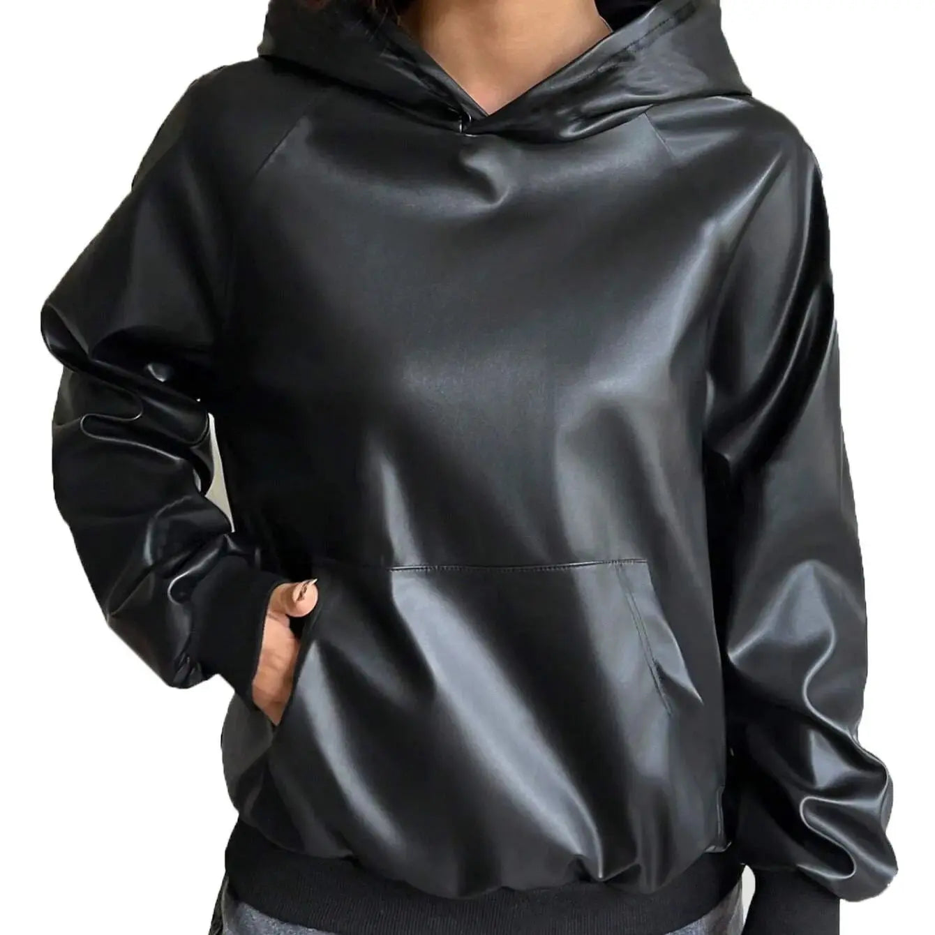 Solid color women's PU leather hooded sweatshirt, warm long-sleeved sweatshirt for autumn and winter, can be worn as a base or a
