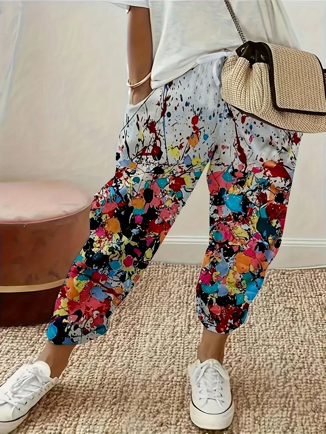 Plus size 1XL-5XL Women Fashion Print Bottom Sweat High Waist Sporty pants Pockets Gym Athletic Woman Clothing