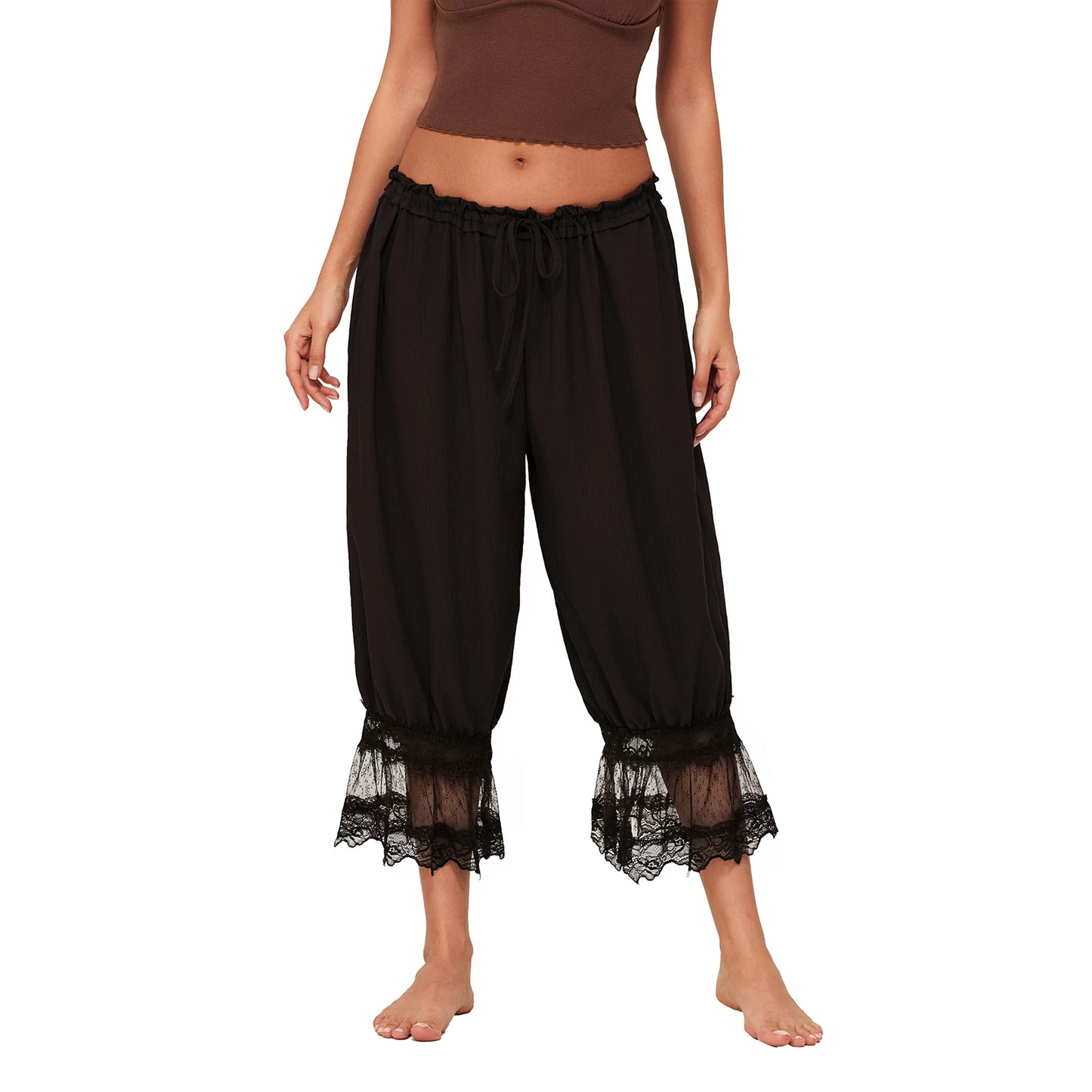 Womens Y2K Vintage Drawstring Cropped Pants Loose Fit Mid Rise Patchwork Lace Casual Lantern Bubble Pants Trousers Streetwear