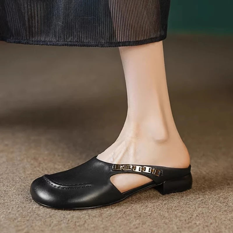 Women Slippers Heeled Sandals Comfort Mules Shoes Woman Loafers 2025 Brand Casual Shoes Shallow Summer Soft Leather Sandalias