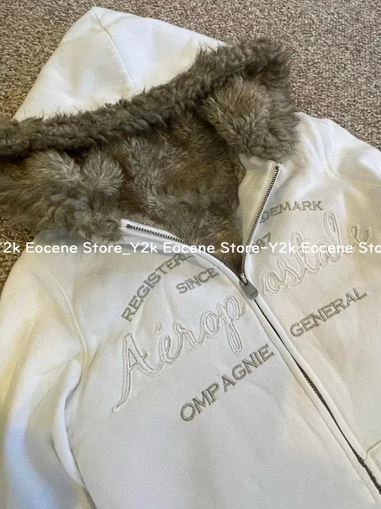 Vintage Letter Fur Collar Hooded Sweatshirt Autumn Winter Zipper Y2K Retro Fleece Jacket Harajuku Embroidery Plush Dark Fashion