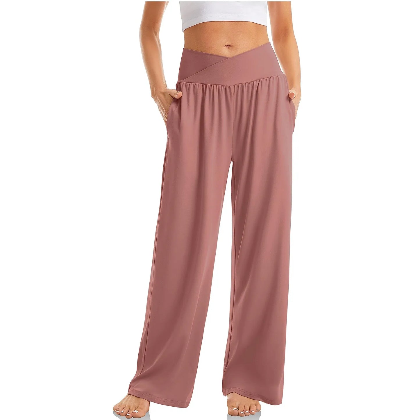 Women's High Waist Solid Color Casual Comfortable Elastic Waist Straight Trousers Wide Leg Sports Long Pants With Pockets