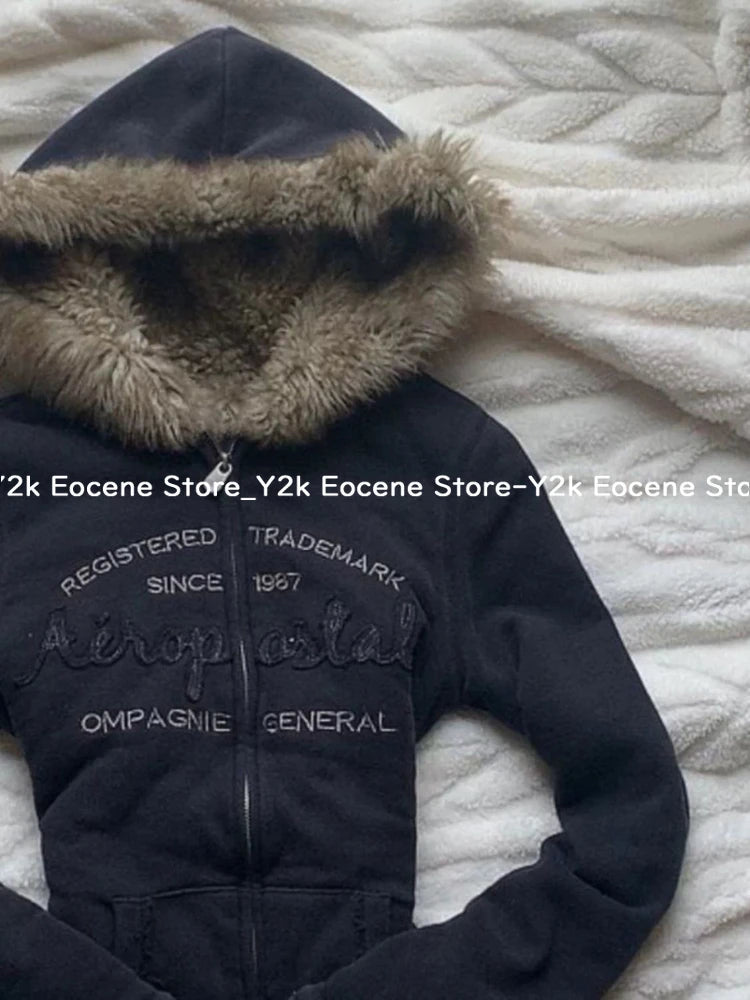 Vintage Letter Fur Collar Hooded Sweatshirt Autumn Winter Zipper Y2K Retro Fleece Jacket Harajuku Embroidery Plush Dark Fashion